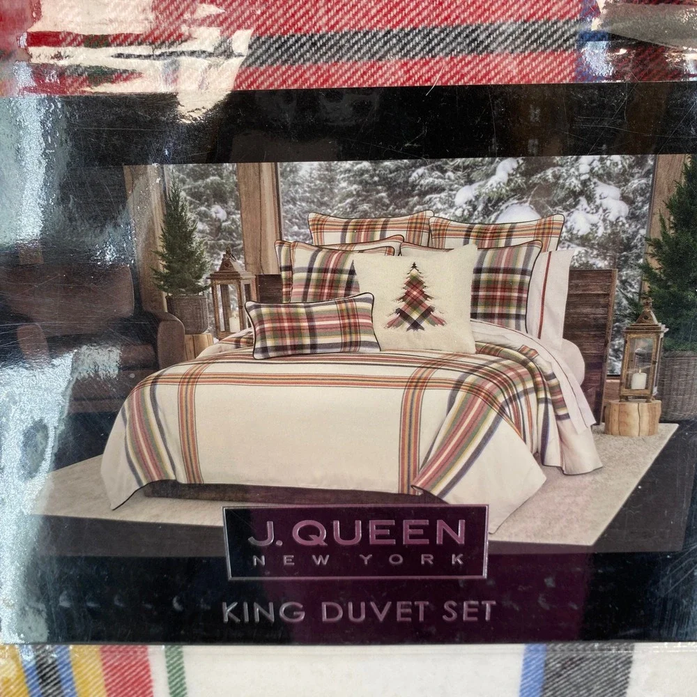 J. Queen New York Duvet Set KING Christopher Plaid Red Cream 100% Cotton Lodge